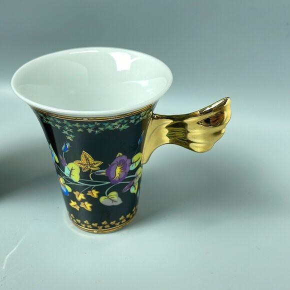 2 Rutherford Gold Ivy Versace Design Coffe Cups Gold Winged Handle - Picture 3 of 11